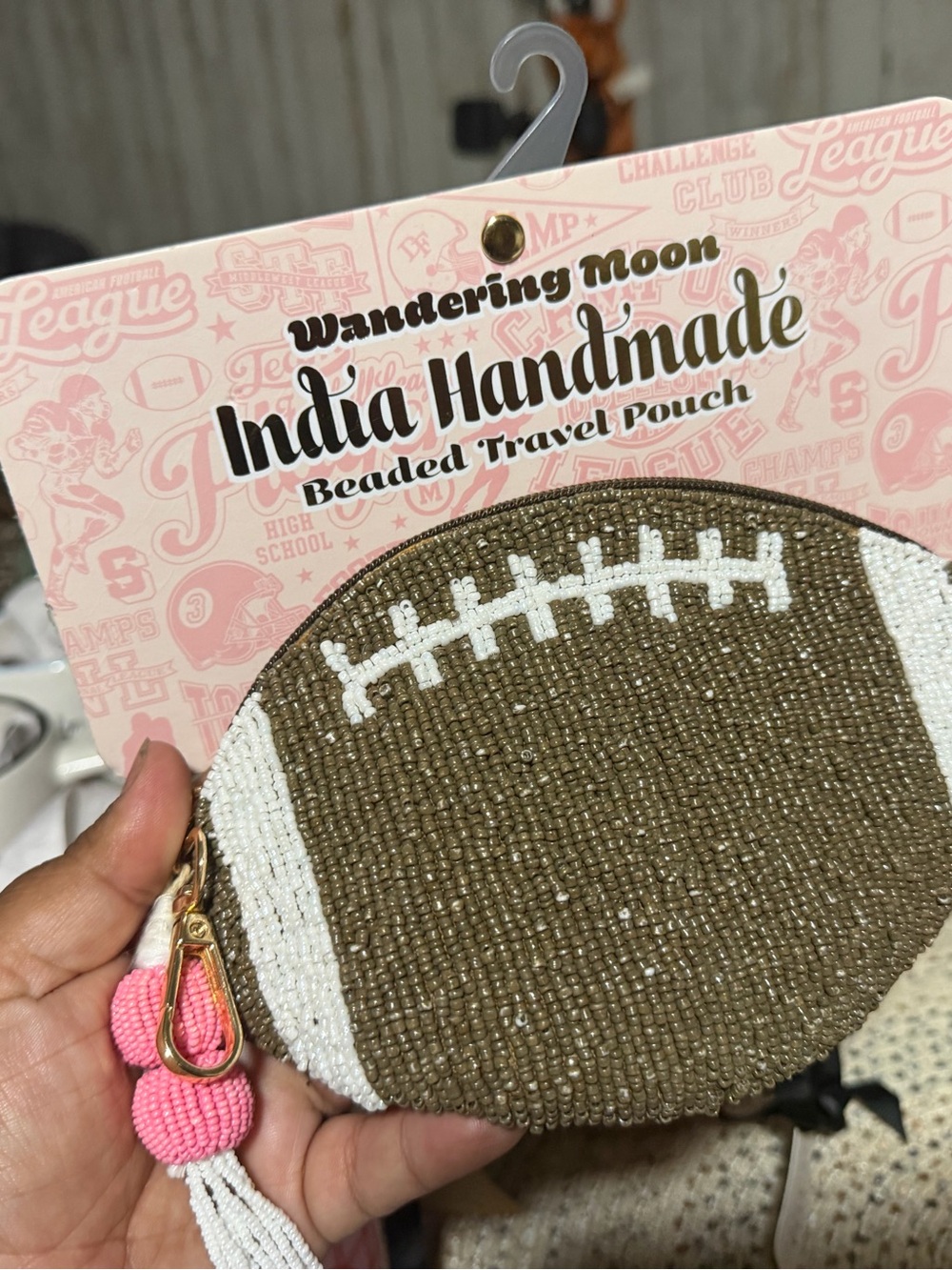 Wandering Moon India Handmade Brown Beaded Football Cosmetic Pouch